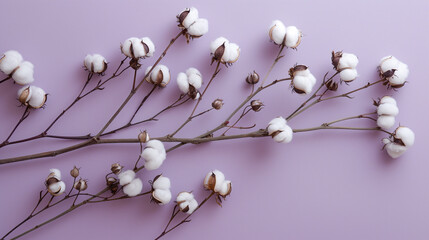 Wall Mural - Cotton stems with fluffy white bolls on a light pink background.