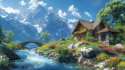 Wall Mural - animation charming mountain cottage with picturesque river and bridge generated with ai