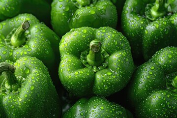 Wall Mural - Close-up of fresh green bell peppers with water droplets on them. Food photography background texture