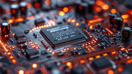 Poster - Closeup of a microchip on a detailed electronic motherboard with lights