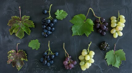 Canvas Print - Various grapes with leaves viewed from above