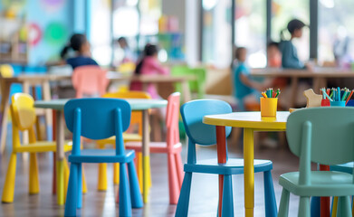 colorful and busy preschool classroom with children and bright furniture.