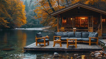 Wall Mural - A cabin on the water with furniture and trees.