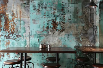 Interior of a cafe with wooden tables and chairs.