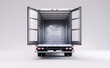 © Curioso.Photography - Empty open back of a delivery truck facing forward with doors wide open.