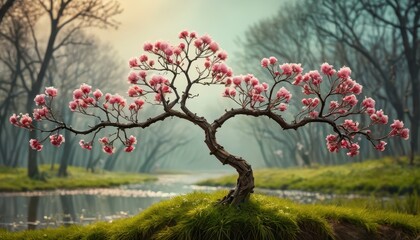 Poster - Pink Blossom Tree in a Foggy Forest.