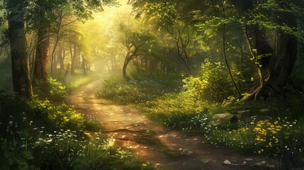 Sticker - A sunlit pathway winding through a spring forest, inviting viewers to explore and discover.