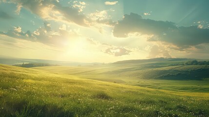 Poster - A sunny sky over a tranquil countryside scene, with rolling hills and open fields bathed in sunlight, creates a sense of peace and simplicity