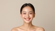 © Muschima - Realistic photograph of a smiling Thai woman on a plain background, showcasing her beauty and joyful expression through her radiant smile. Realistic photo, Portrait , Minimalism,
