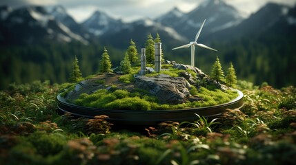 Poster - A digital rendering of Earth with green energy symbols like wind turbines and solar panels, green Planet, dynamic and dramatic compositions, with copy space  