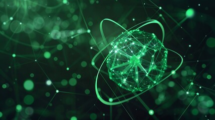 Wall Mural - glowing green atomic molecules surrounded by meshes on dark background - illustration of atomic scie
