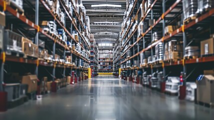 Wall Mural - Focus on the symmetry and perspective of warehouse aisles, showcasing the orderly arrangement of goods and materials.