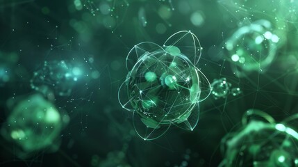 Wall Mural - glowing green atomic molecules surrounded by meshes on dark background - illustration of atomic scie