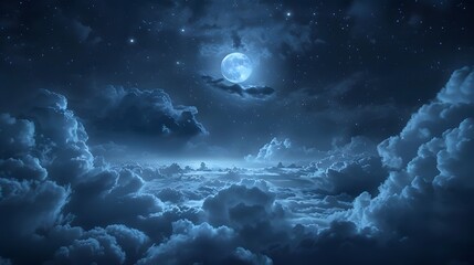 a serene night sky filled with stars and a bright moon illuminating fluffy clouds in a deep blue atm