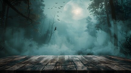 Wall Mural - A serene and mystical forest scene with a full moon casting a glow over a fog-filled landscape, featuring a wooden table in the foreground. 