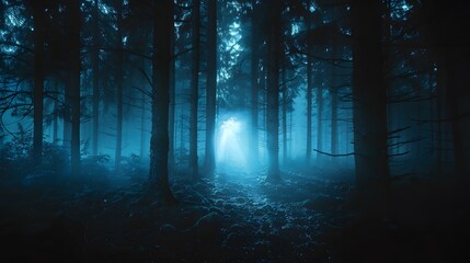 Wall Mural - A mysterious and enchanting forest bathed in cool blue light, creating an ethereal atmosphere. 