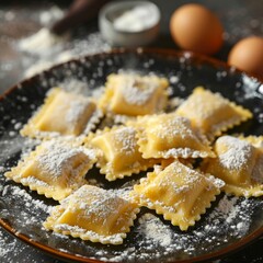 Canvas Print - Delicious homemade ravioli sprinkled with flour on dark plate. Close-up image. Italian cuisine. Perfect for restaurants and food blogs. Vibrant colors and high detail make this photo stand out. AI