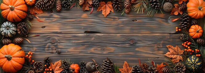 Wall Mural - A rustic wooden surface is beautifully adorned with vibrant autumn leaves, pumpkins, pinecones, and seasonal decorations, creating a warm and inviting fall atmosphere.