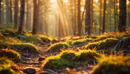 Sticker - Sunlight Filtering Through Trees in a Forest