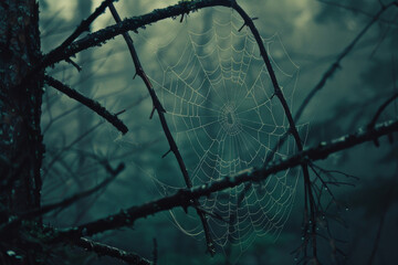 Wall Mural - a spiderweb stretched between branches in a dimly lit, foggy forest, adding an eerie touch to the na
