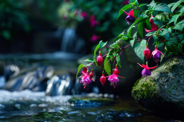 Wall Mural - The focus should be on fuchsia plants growing in woodland settings or along stream banks, showcasing the natural beauty and resilience of these flowers in the wild - Generative AI