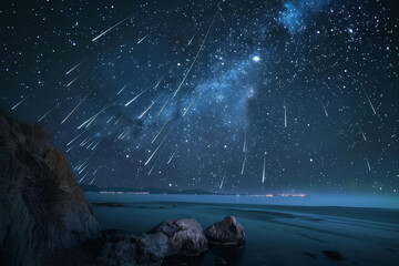 Wall Mural - an image showcasing a spectacular meteor shower lighting up the night sky, with streaks of meteorite