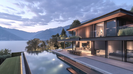 Wall Mural - Luxurious modern house with infinity pool and deck overlooking lake and mountains at dusk, warmly lit interior, serene and scenic view.