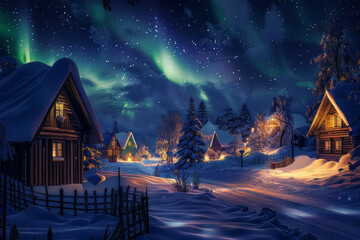 Wall Mural - the aurora borealis illuminating the night sky above a small, snow-covered village - generative ai