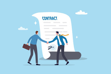 Employment contract agreement, corporate partnership document with signature, new employee signing contract, legal paperwork, recruitment document concept, businessman handshake with contract paper.