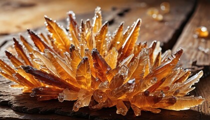 Wall Mural - Orange Crystal Cluster on Wooden Background.