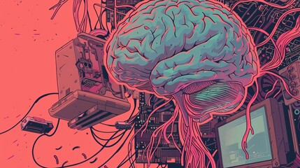 Wall Mural - detailed illustration of human brain connected to computer network, depicting advanced artificial in