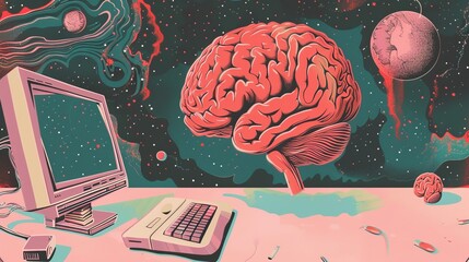 Wall Mural - detailed illustration of human brain connected to computer network, depicting advanced artificial in