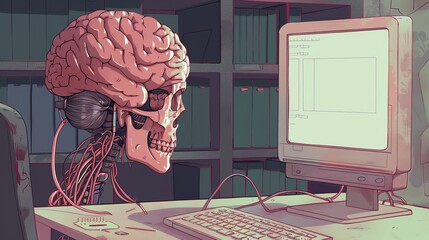 Wall Mural - detailed illustration of human brain connected to computer network, depicting advanced artificial in