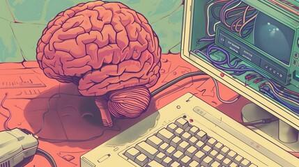 Wall Mural - detailed illustration of human brain connected to computer network, depicting advanced artificial in