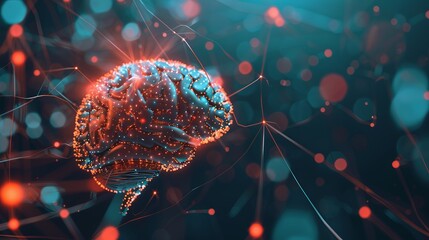 Wall Mural - intricate human brain illustration with complex wiring and glowing links, depicting advanced neural 