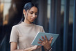© peopleimages.com - Work, business and woman of tablet by office for networking, communication and online information. Balcony, graphic designer and job with tech for market research, website plan and digital schedule