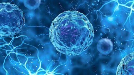 Wall Mural - Illustration of blue cells under microscope, detailed scientific artwork depicting cell structure and biological elements for research and educational purposes