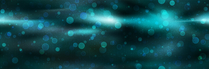 Sparkling teal blue gradient seamless pattern with bokeh effect. Fantastic bg with bubbles and blurred circles. Abstract vector illustration with gradient mesh and overlay texture