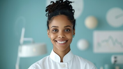 Realistic hyper-detailed portrait of a cheerful young African woman smiling, reflecting her joy and sense of achievement from overcoming obstacles and achieving success. Background images that