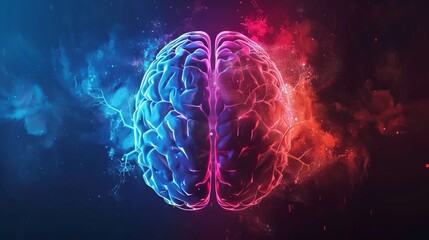 Illustration of left and right brain functions highlighting analytical and creative aspects with colorful brain diagram and keywords representing logical thinking, creativity, art, science, problem so