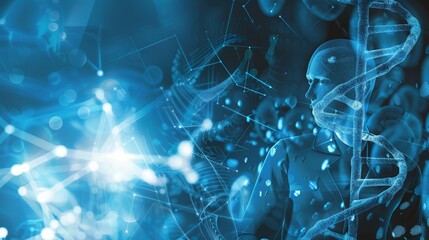 Wall Mural - abstract biomedical research background with dna helix, molecular models, and data visualization for