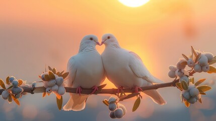 A pair of white doves sitting on a branch with an olive tree, against the background of the rising sun.