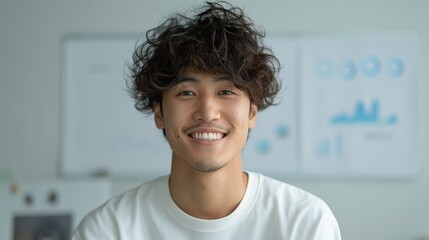 Realistic hyper-detailed portrait of a cheerful young Asian man smiling, capturing his joy and satisfaction in overcoming challenges and achieving success. Background images that indicate career ,