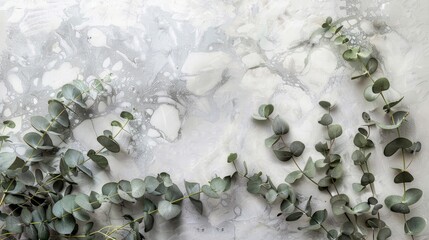 Wall Mural - Eucalyptus branches on pastel gray background with marble paper blank square