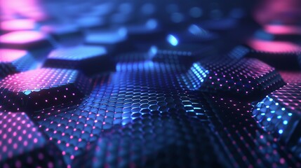 Wall Mural - abstract background of modern science and technology featuring hexagonal shapes and wireframe spot s