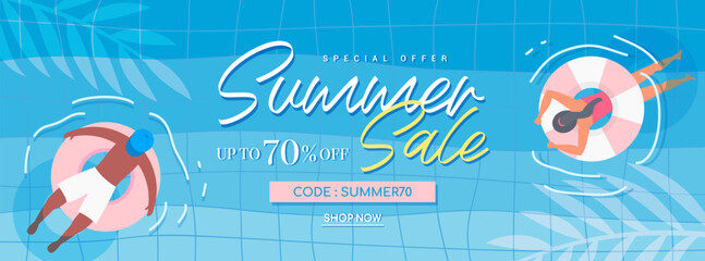 Wall Mural - Summer sale banner vector illustration. Friends having fun in the pool