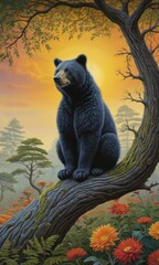 Sticker - Black Bear Sitting on Tree Branch at Sunset.