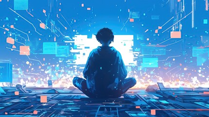 Blue Illustration of a boy surfing the net a computer from home, programmer concept.