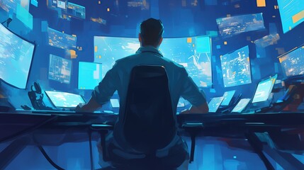 Blue Illustration of a bussines man working on a computer from home, bussines, programmer concept.