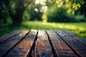 Poster - Empty wooden table presenting summer garden background illuminated by sunshine light